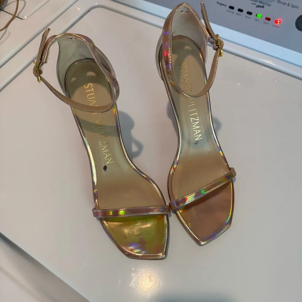 Stuart Weitzman Nudistcurve 100 Ankle Strap Heel Rose Gold Metallic Hologram